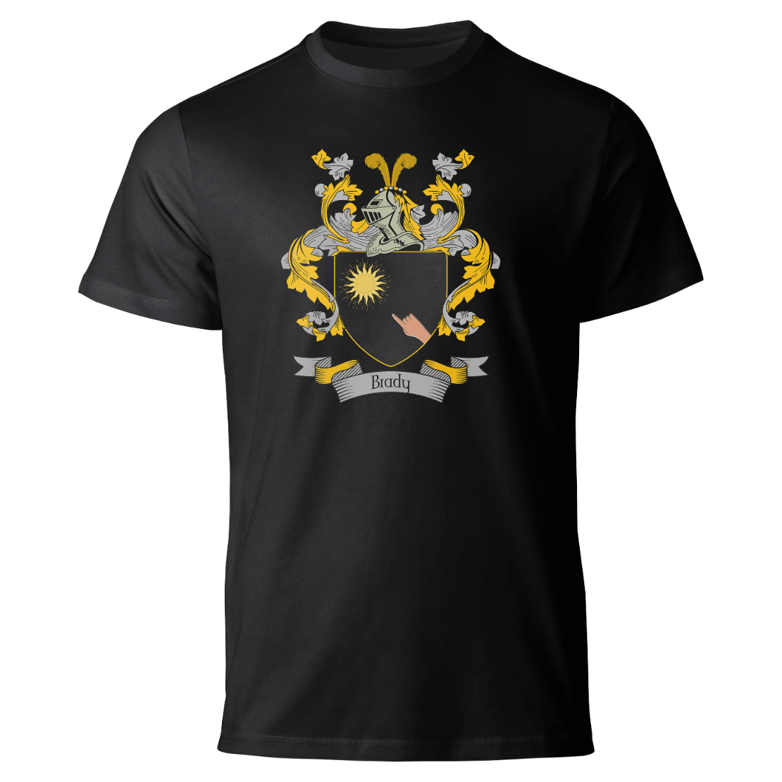 Brady coat of arms on a black T-shirt