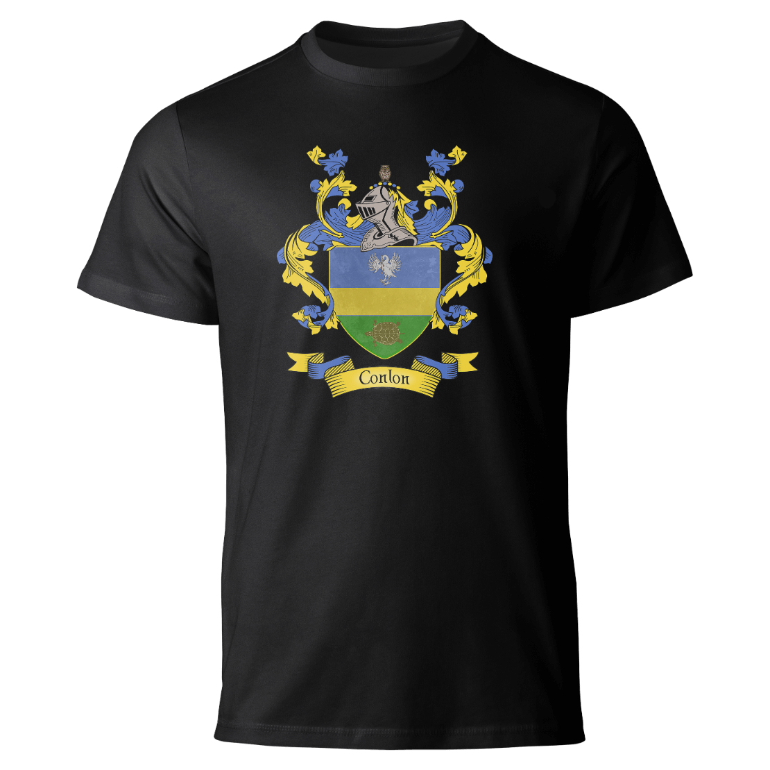 Conlon coat of arms on a black T-shirt