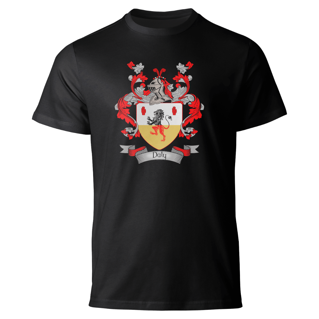Daly coat of arms on a black T-shirt