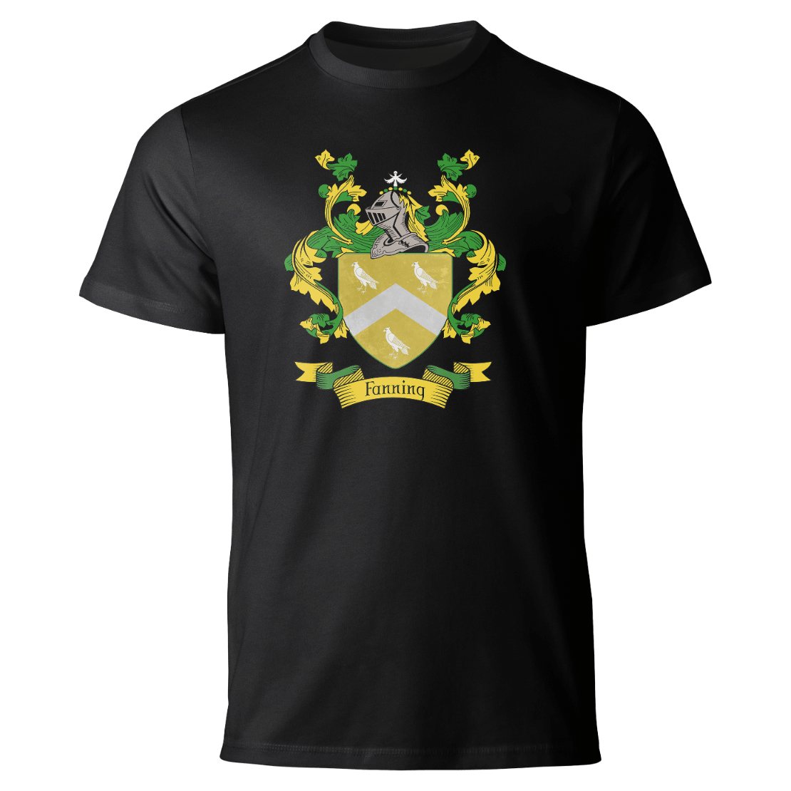 Fanning coat of arms on a black T-shirt