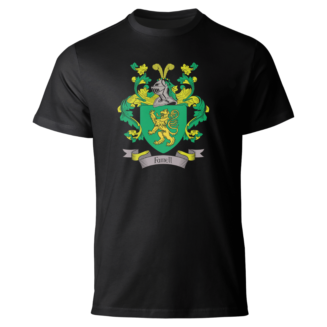 Farrell coat of arms on a black T-shirt