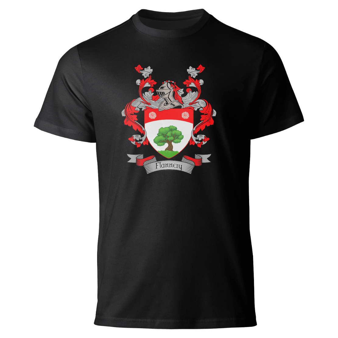 Flannery coat of arms on a black T-shirt