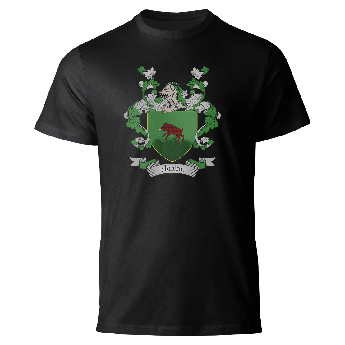 Hanlon coat of arms on a black T-shirt