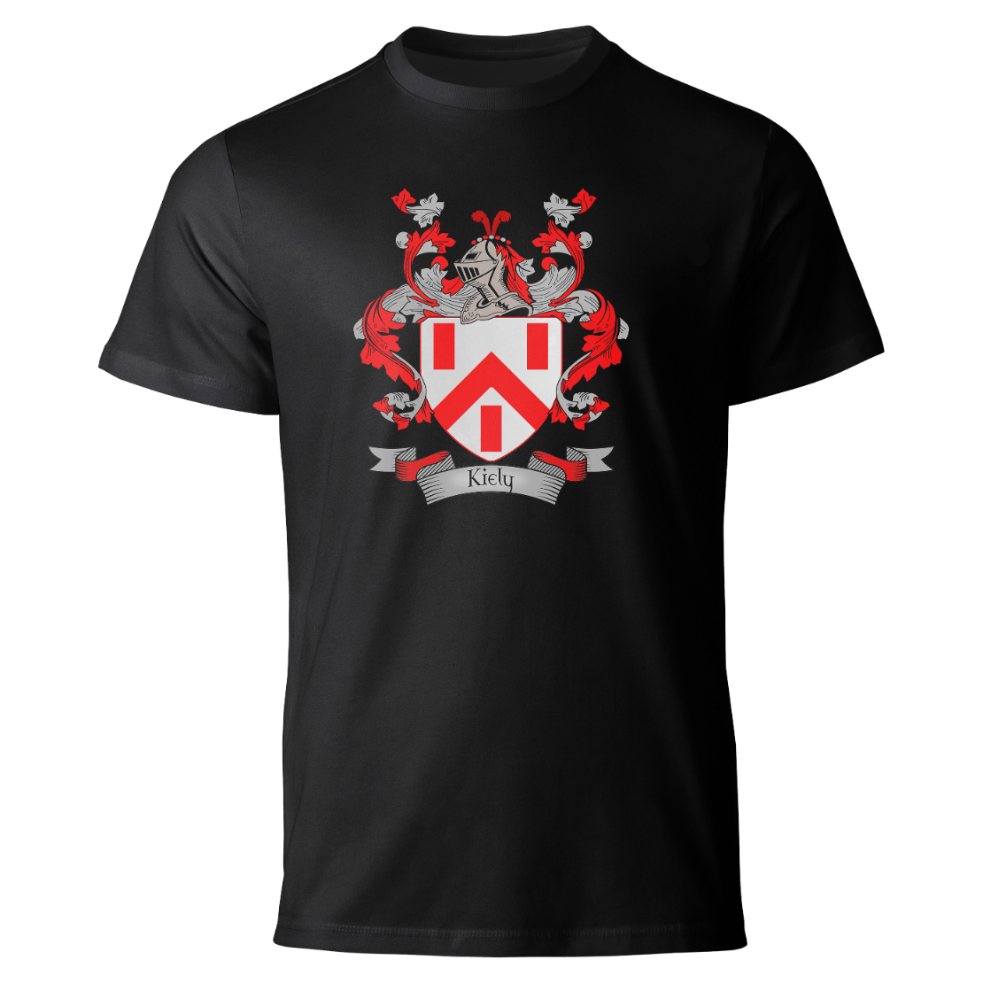 Kiely coat of arms on a black T-shirt