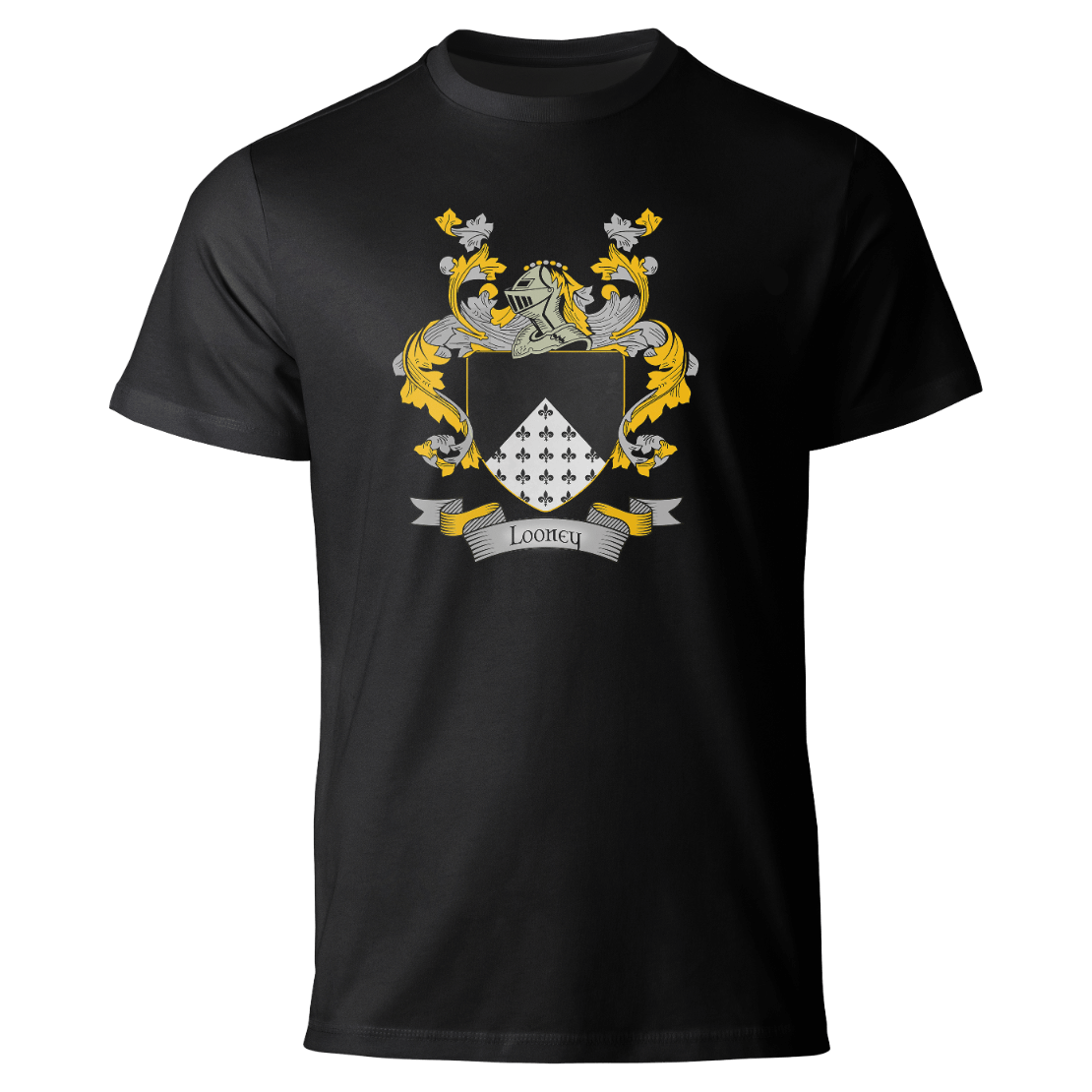 Looney coat of arms on a black T-shirt