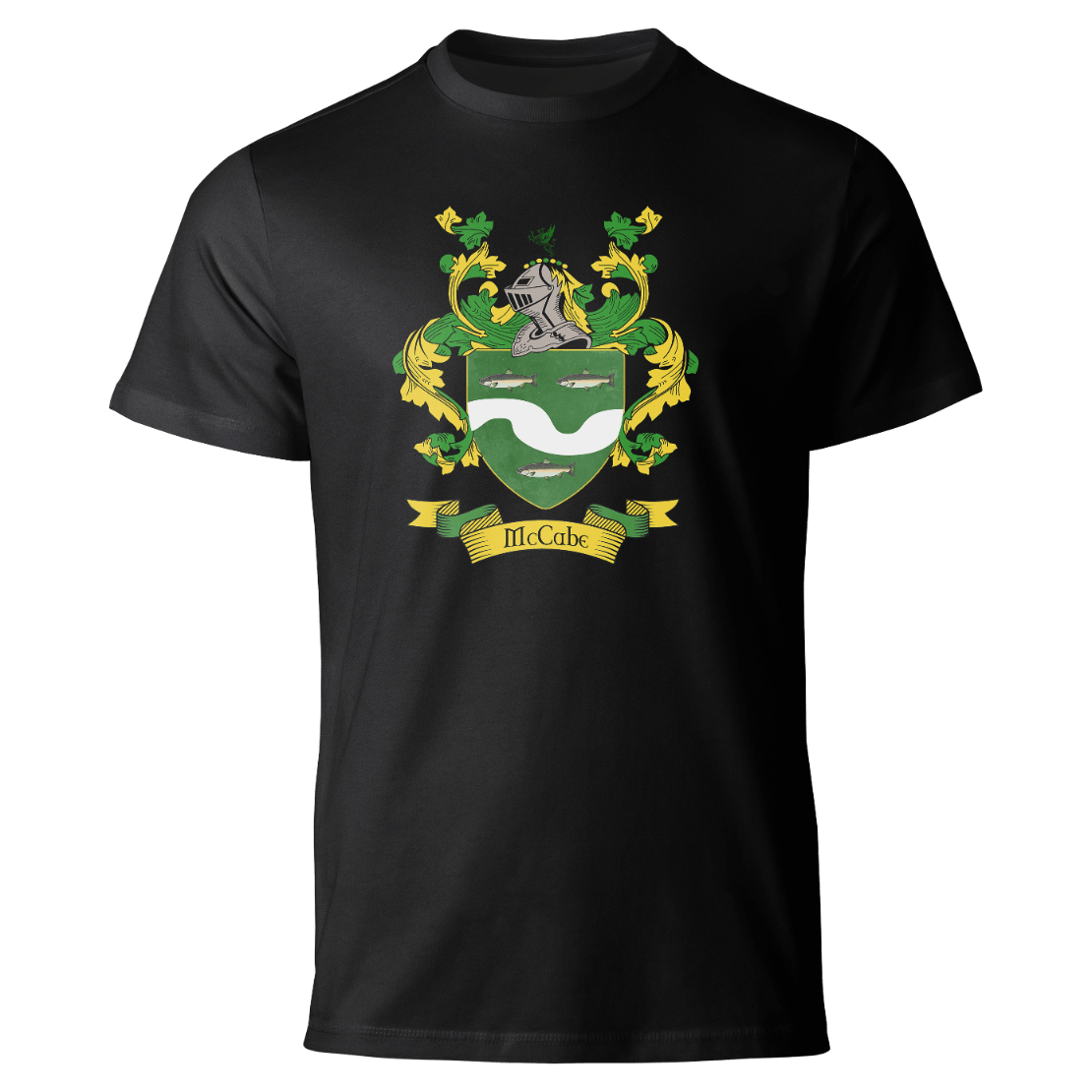 McCabe coat of arms on a black T-shirt