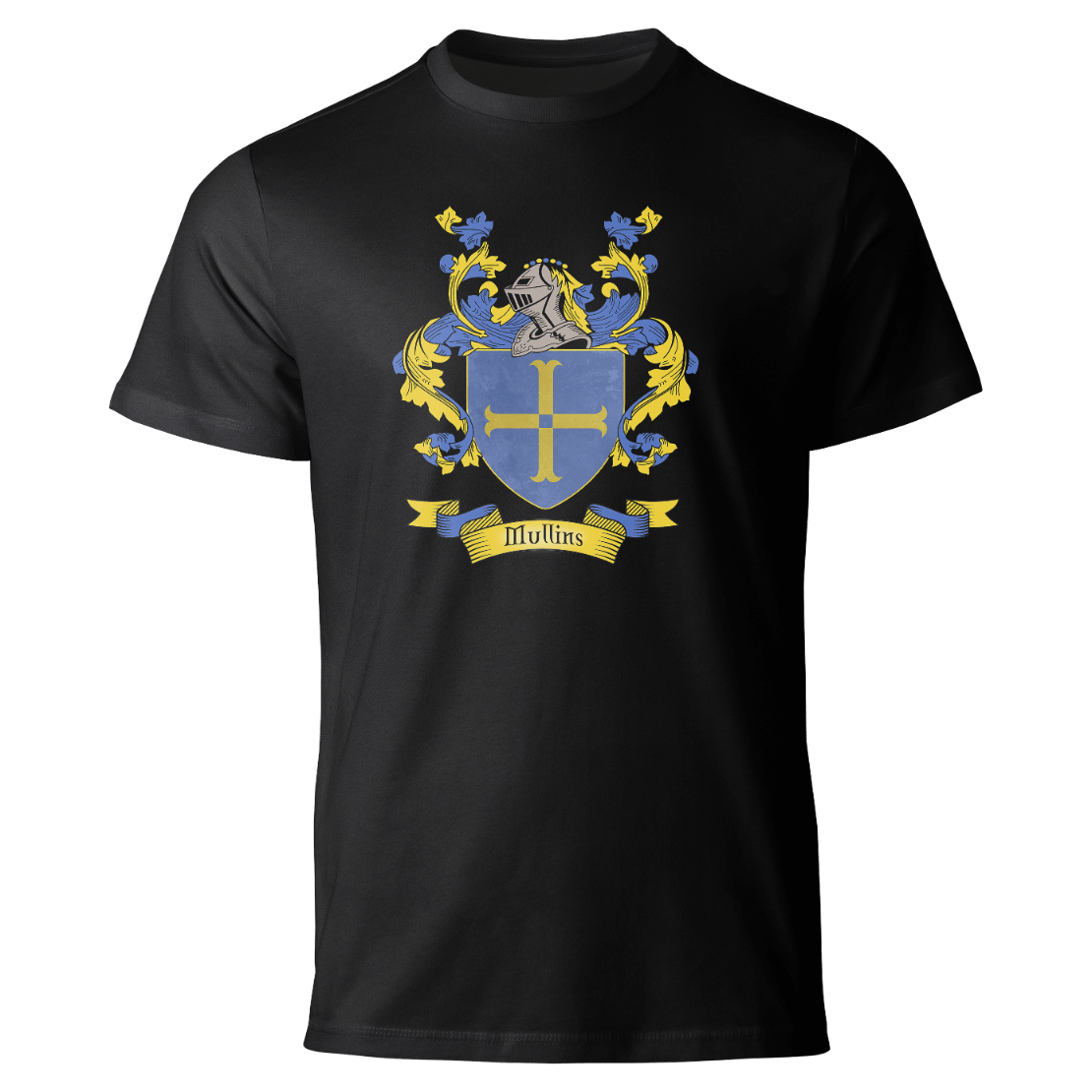 Mullins coat of arms on a black T-shirt