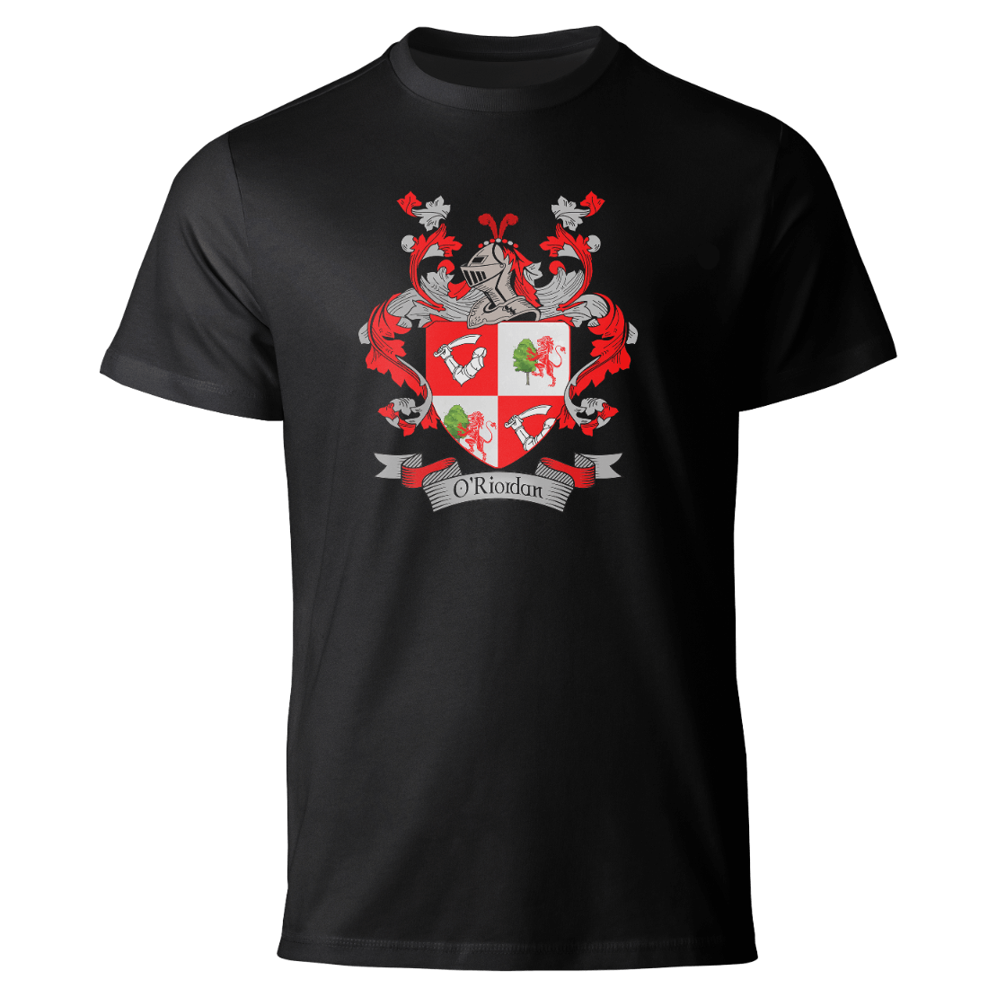 O'Riordan coat of arms on a black T-shirt