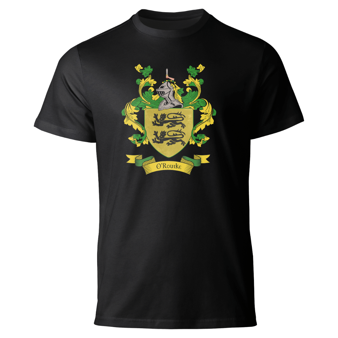 O'Rourke coat of arms on a black T-shirt