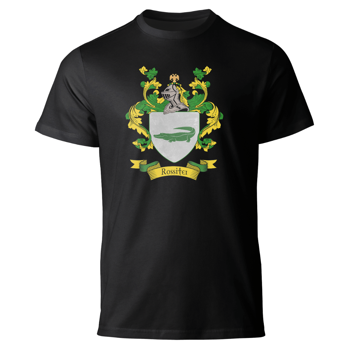 Rossiter coat of arms on a black T-shirt