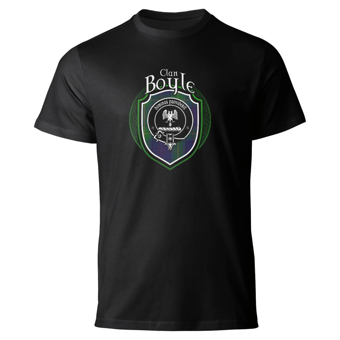 Boyle clan badge on a black T-shirt