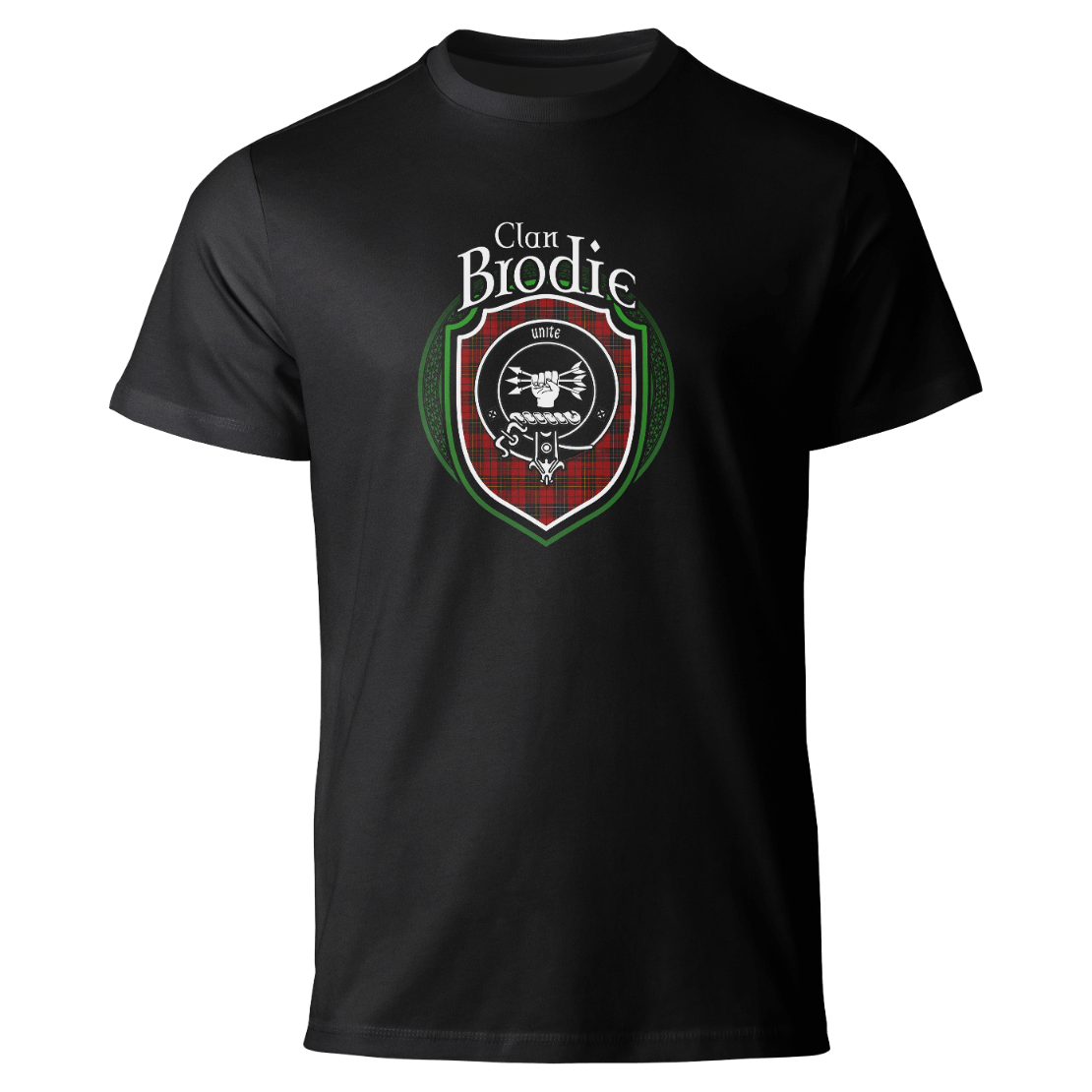 Brodie clan badge on a black T-shirt