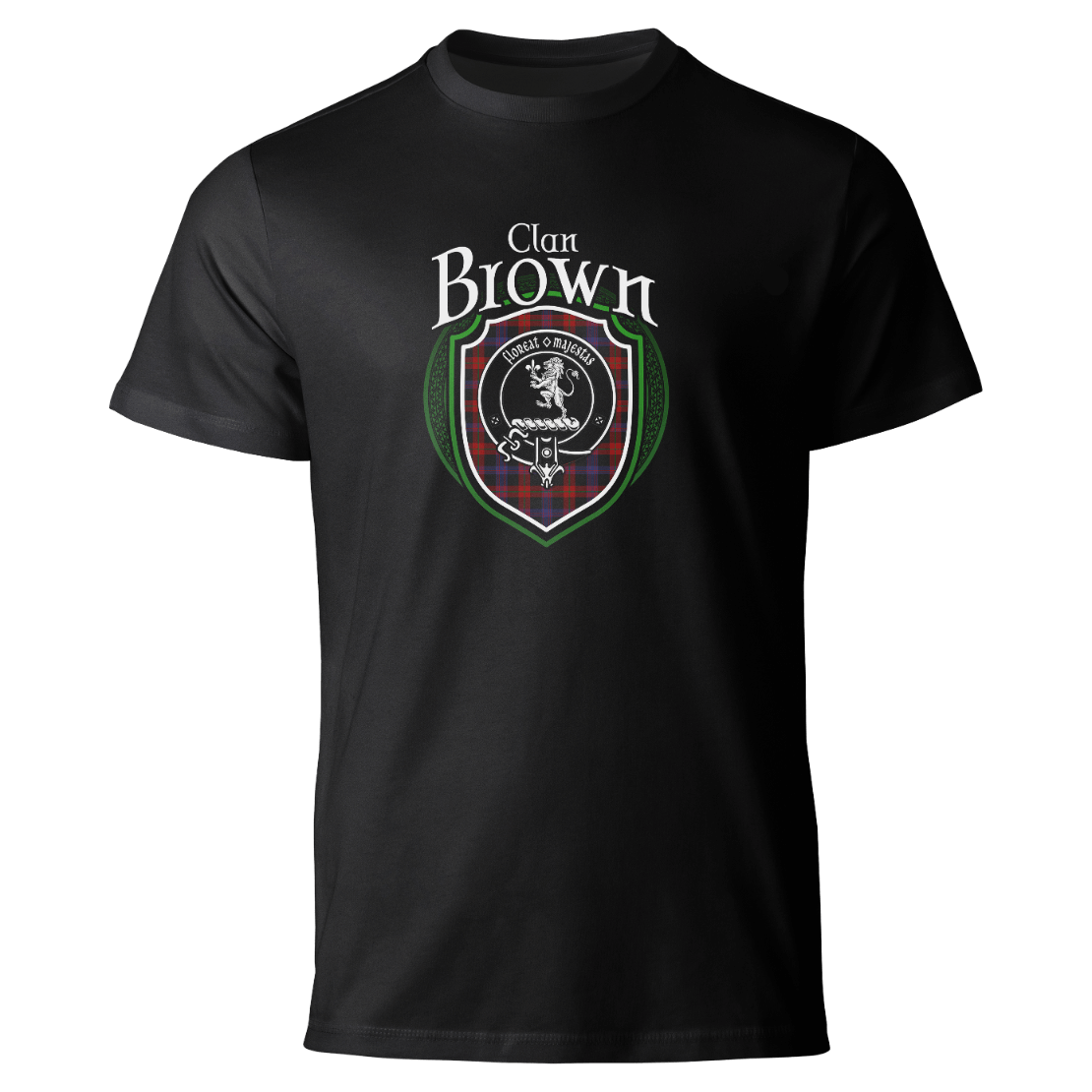 Brown clan badge on a black T-shirt