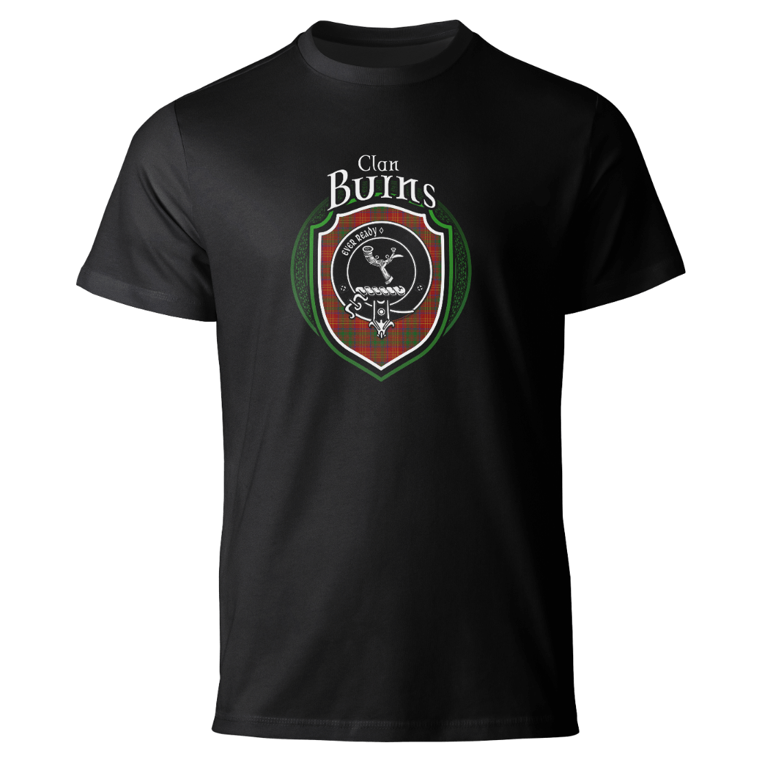 Burns clan badge on a black T-shirt