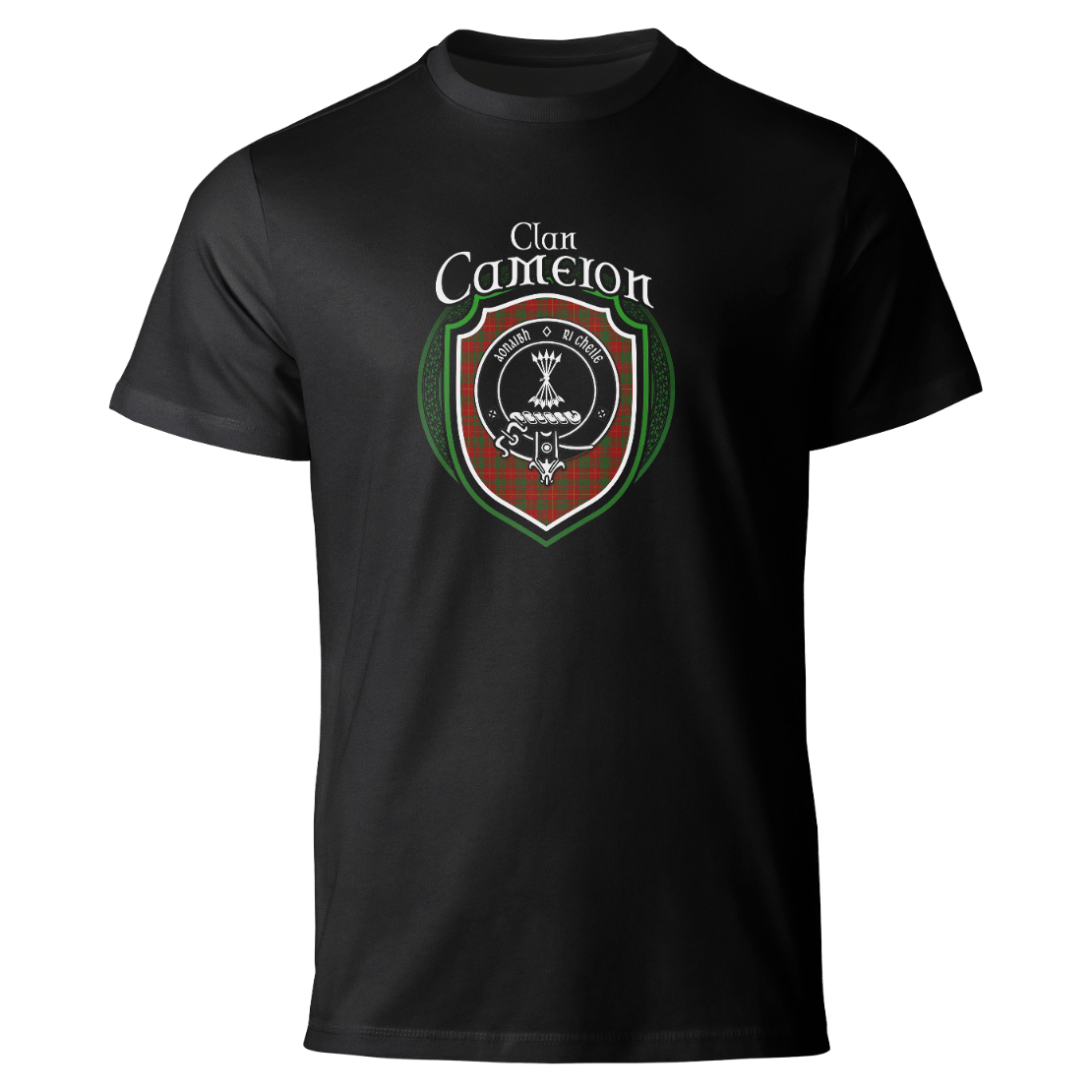 Cameron clan badge on a black T-shirt