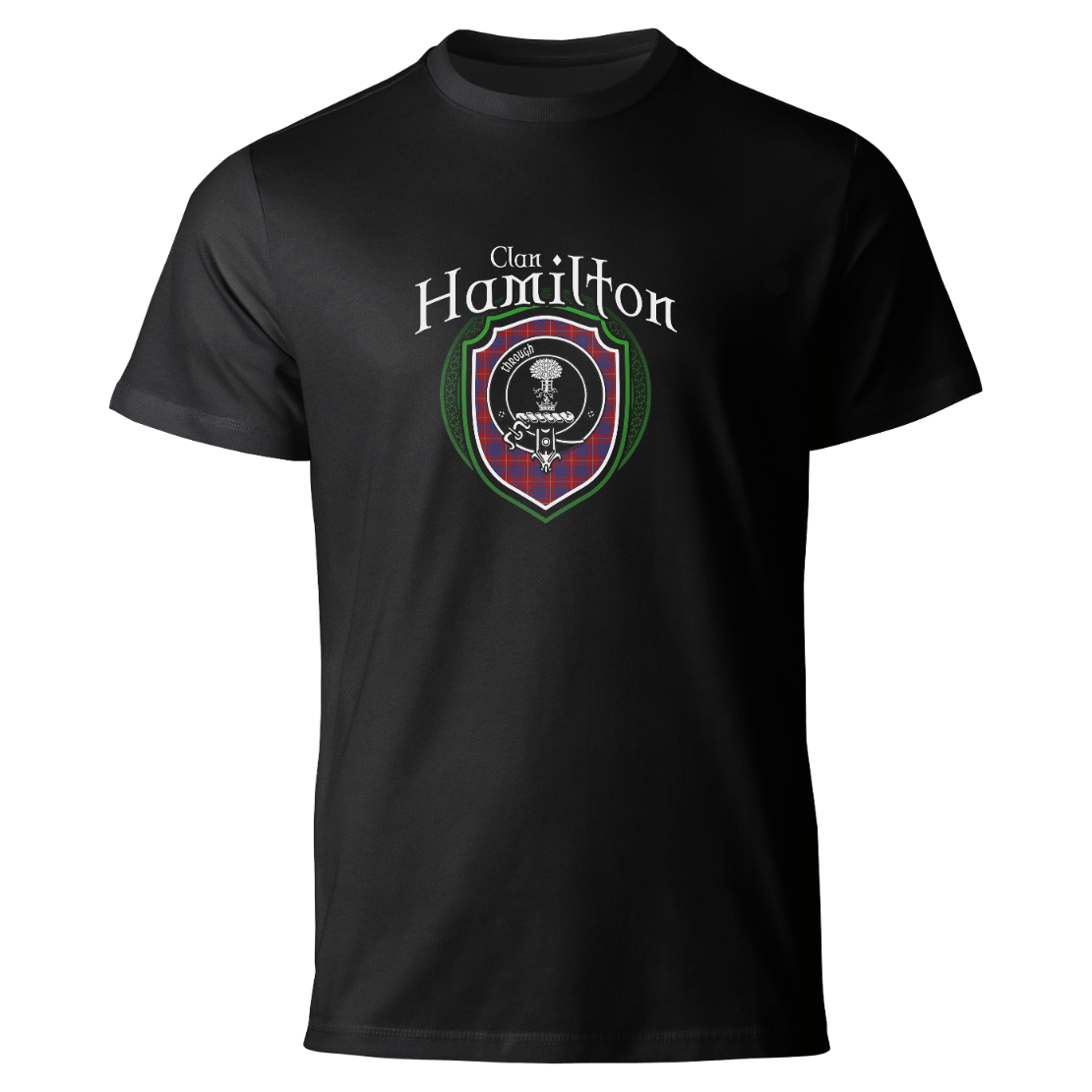Hamilton clan badge on a black T-shirt