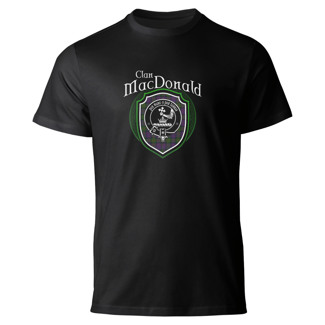 MacDonald clan badge on a black T-shirt