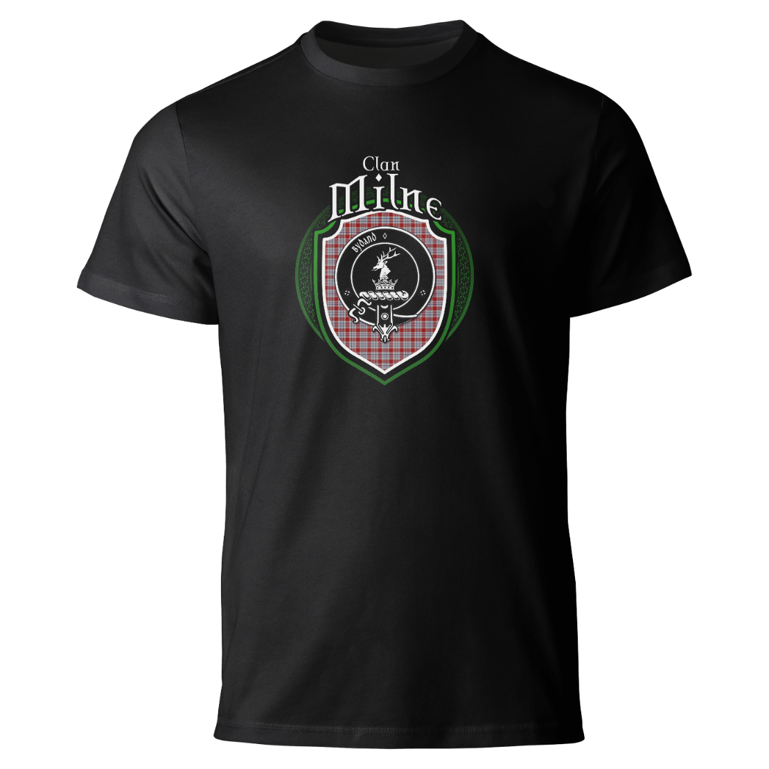 Milne clan badge on a black T-shirt