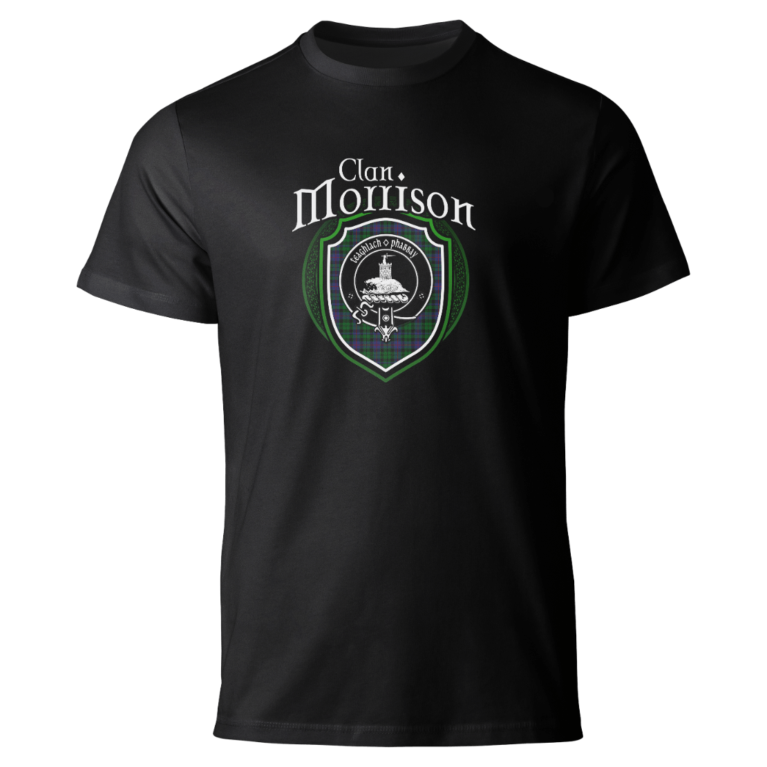 Morrison clan badge on a black T-shirt