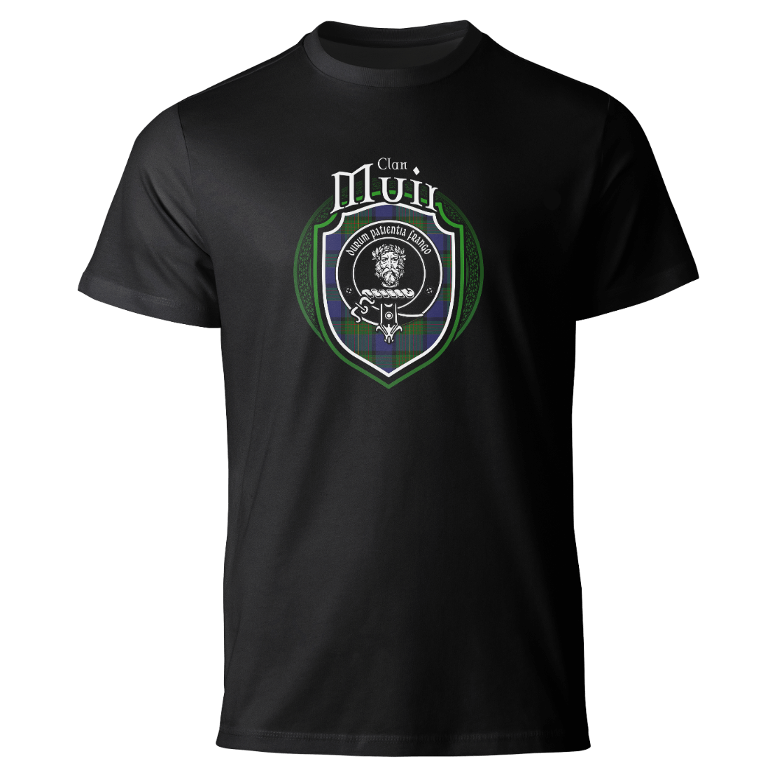 Muir clan badge on a black T-shirt