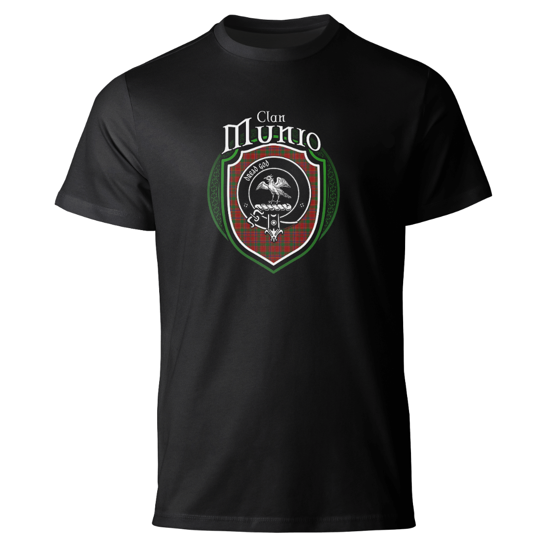 Munro clan badge on a black T-shirt