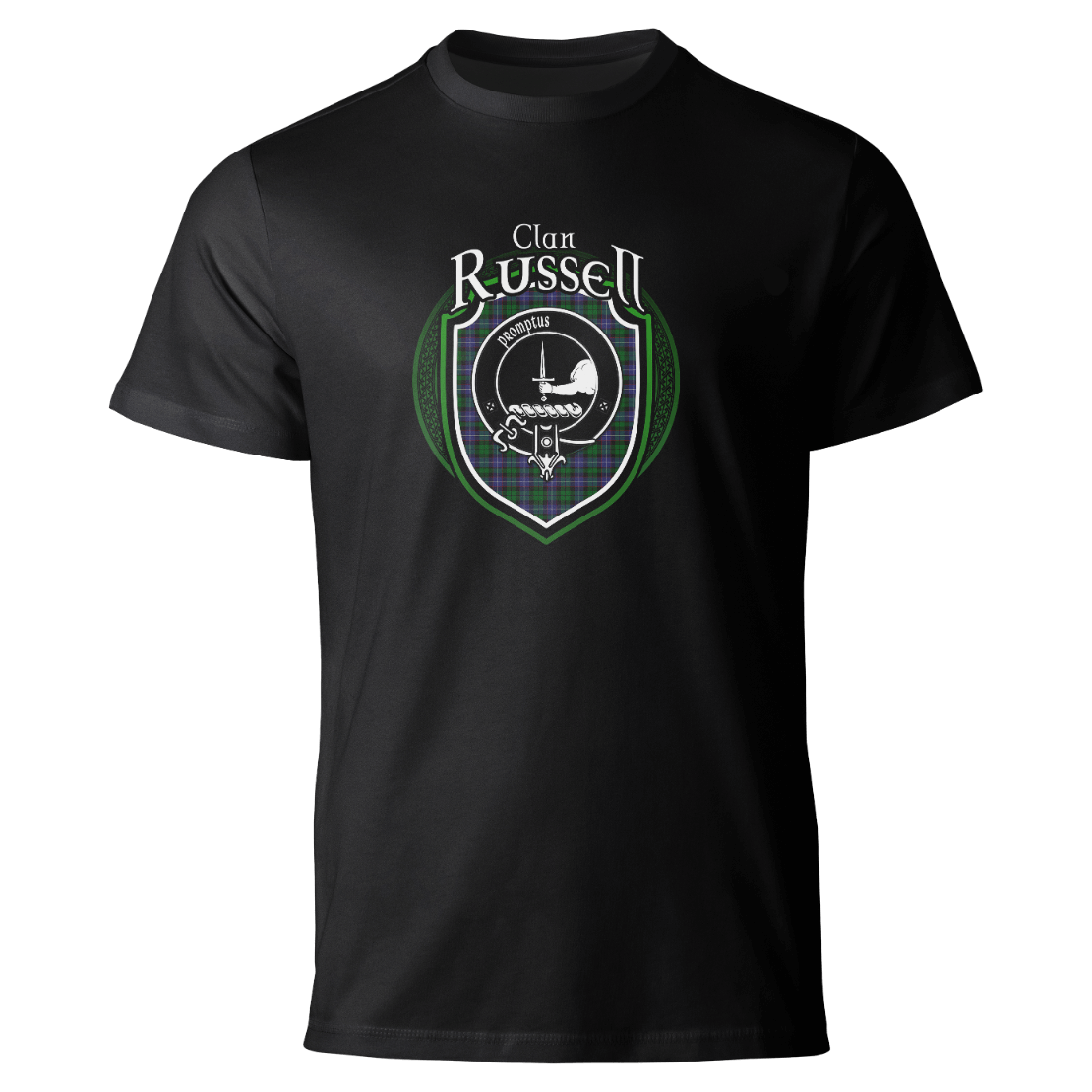 Russell clan badge on a black T-shirt
