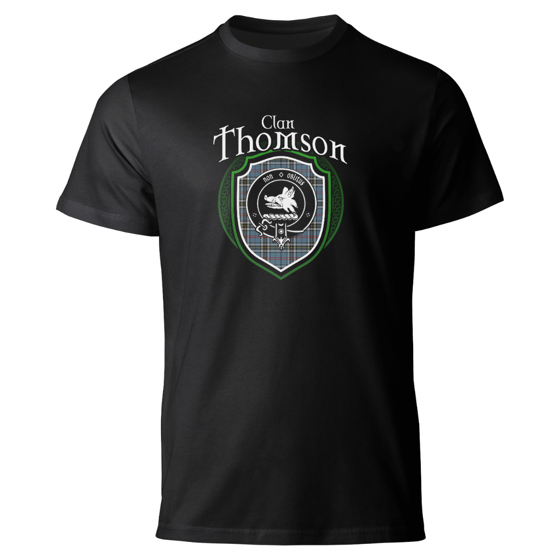 Thomson clan badge on a black T-shirt