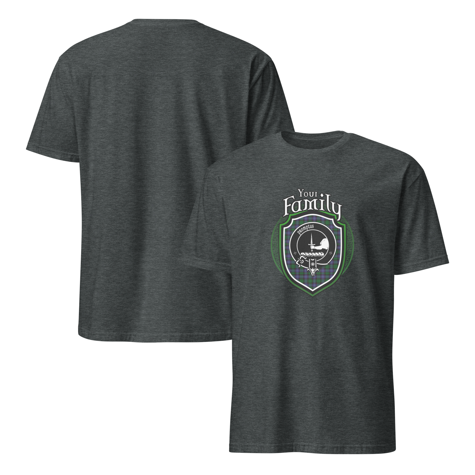 Dark Heather front-and-back T-shirt colour example; generic Your Family design shown