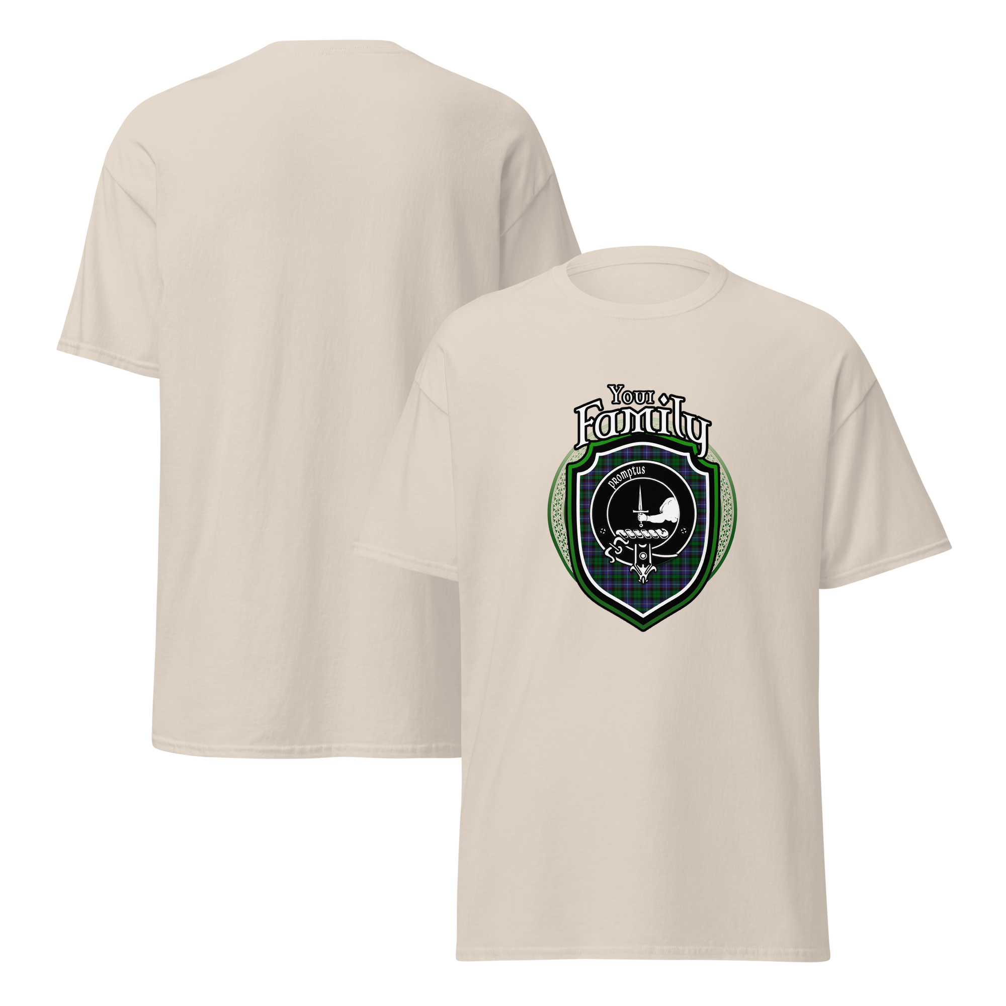 Natural front-and-back T-shirt colour example; generic Your Family design shown