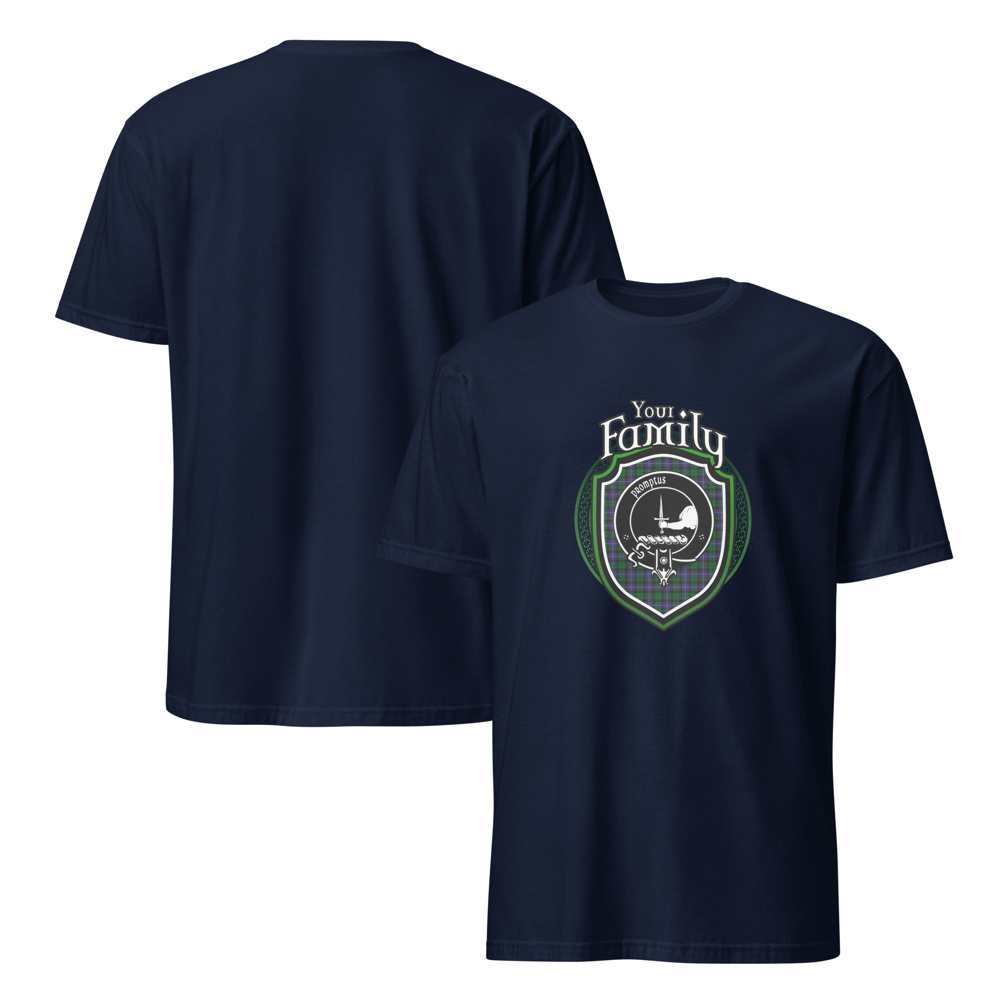 Navy front-and-back T-shirt colour example; generic Your Family design shown