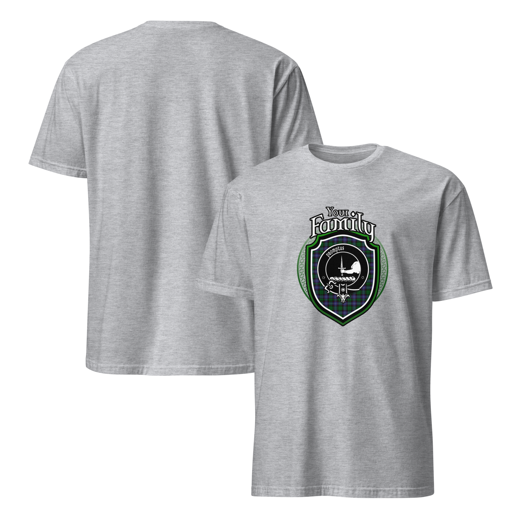 Sport Grey front-and-back T-shirt colour example; generic Your Family design shown