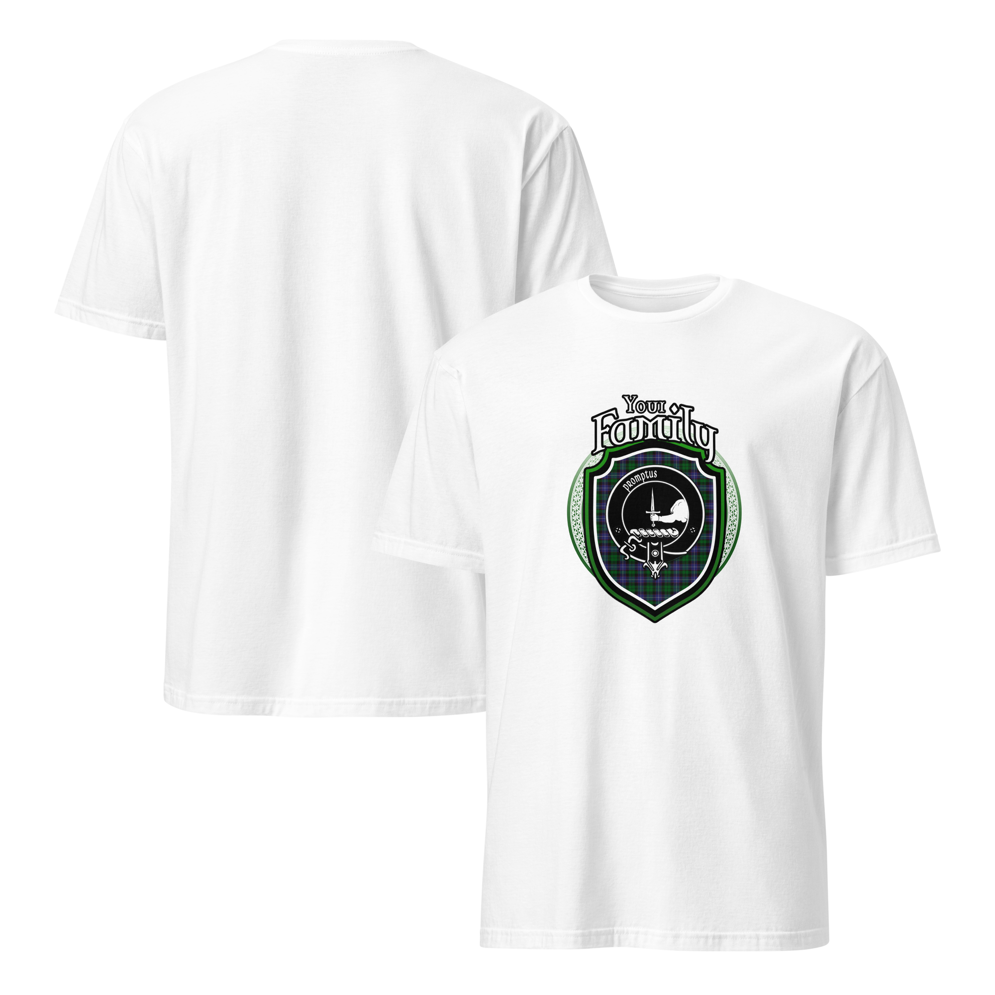 White front-and-back T-shirt colour example; generic Your Family design shown